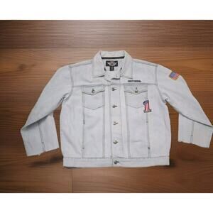 Harley Davidson Jacket Mens Blue Denim Skull Flames Biker Embroidered Size L